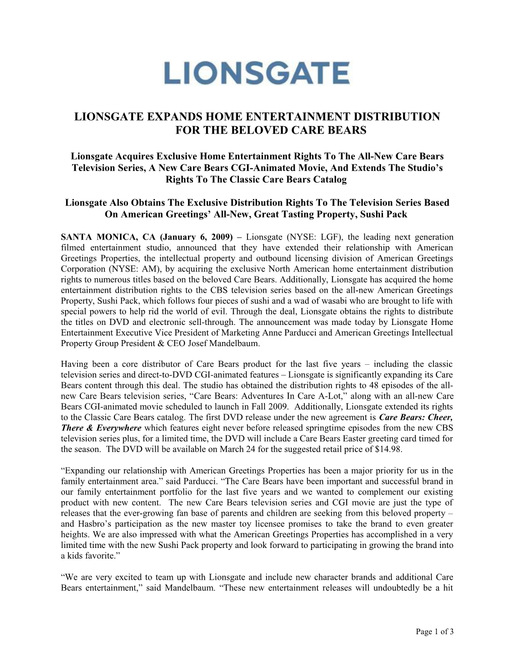 Lionsgate Expands Home Entertainment Distribution for the Beloved Care Bears