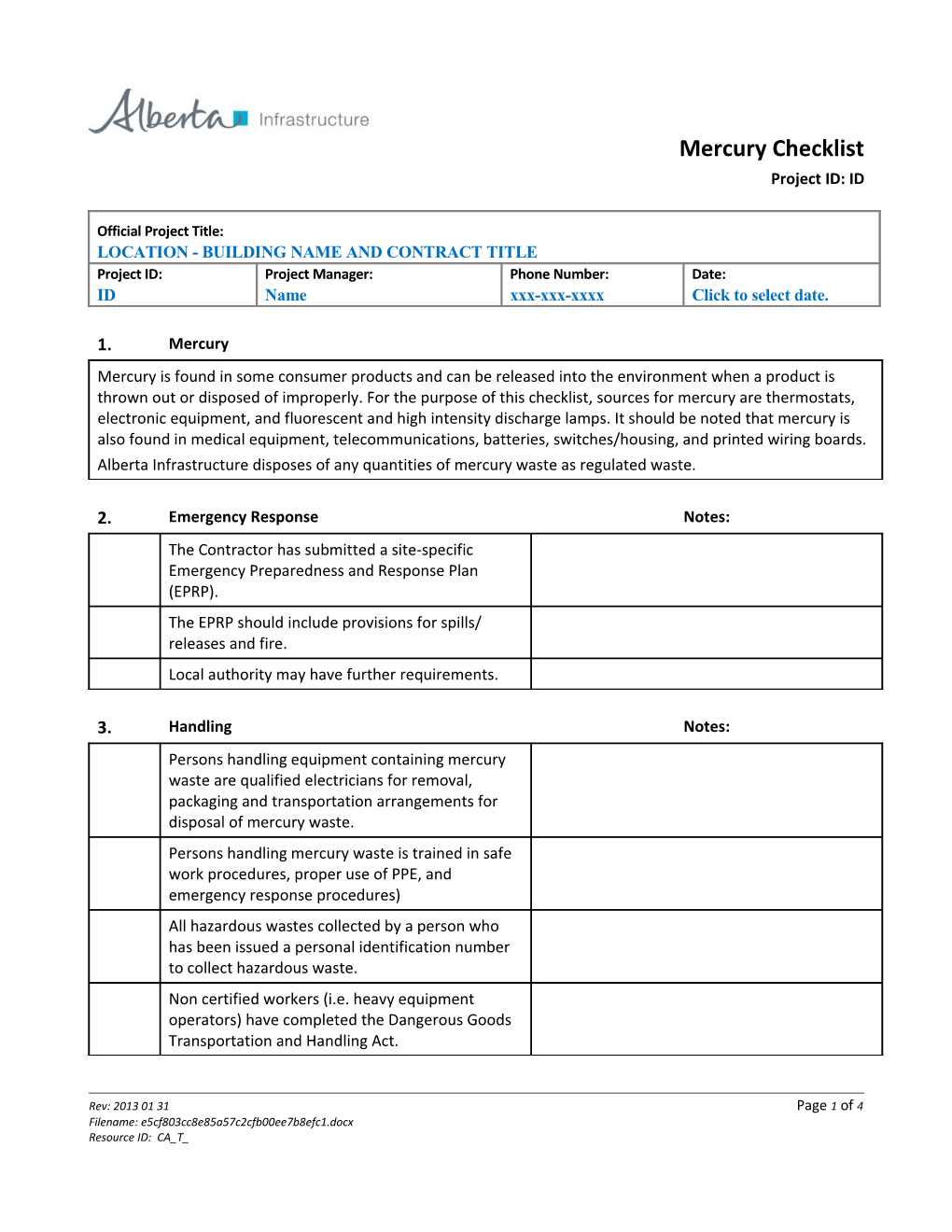 EMS Mercury Checklist Template