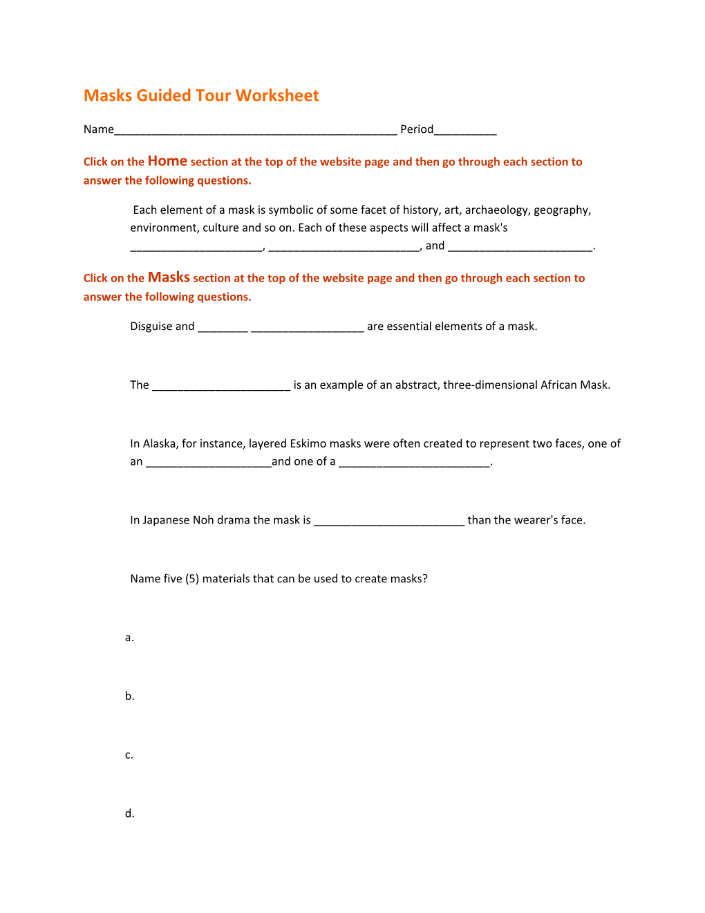 Masks Guided Tour Worksheet