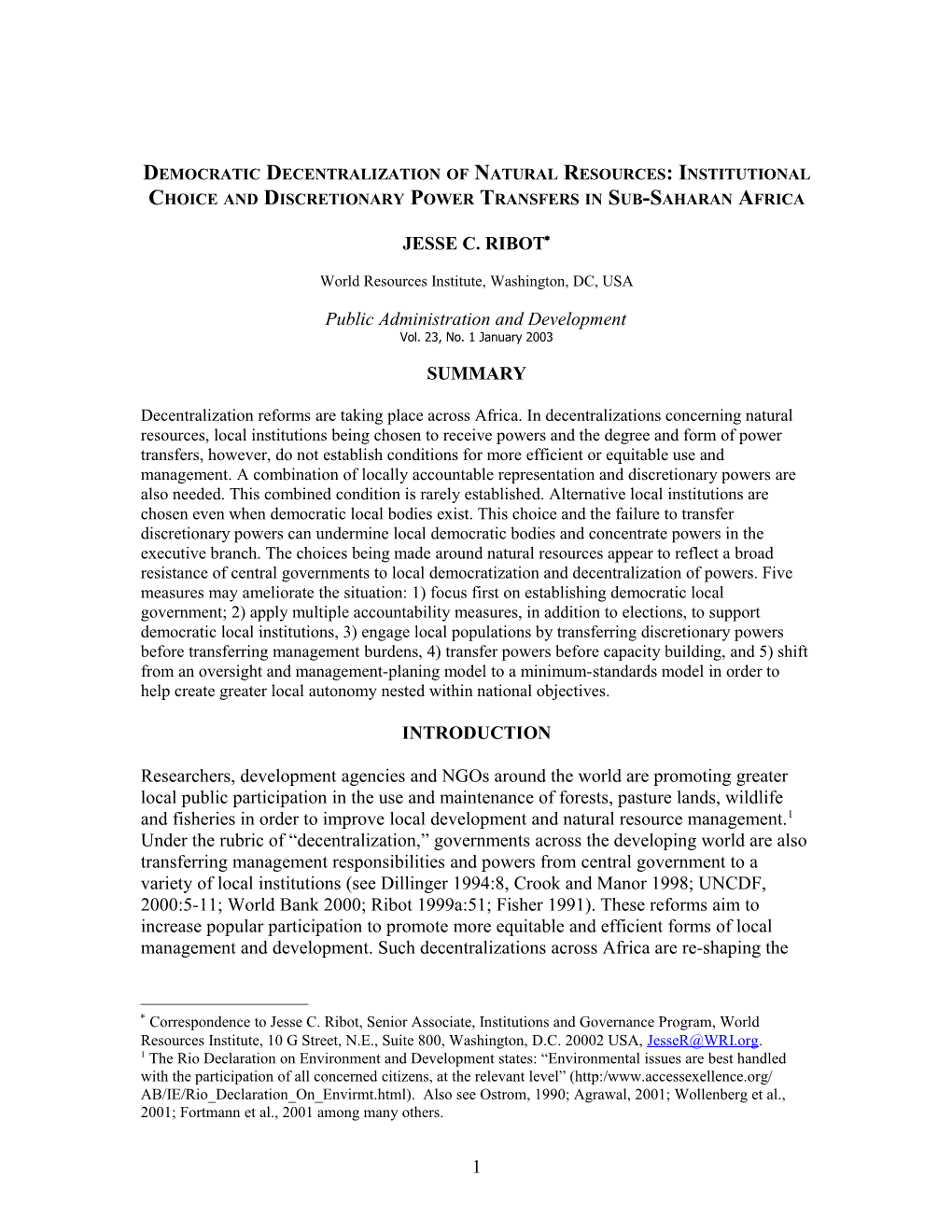 Democratic Decentralization and Natural Resources in Sub-Saharan Africa: Power Transfers