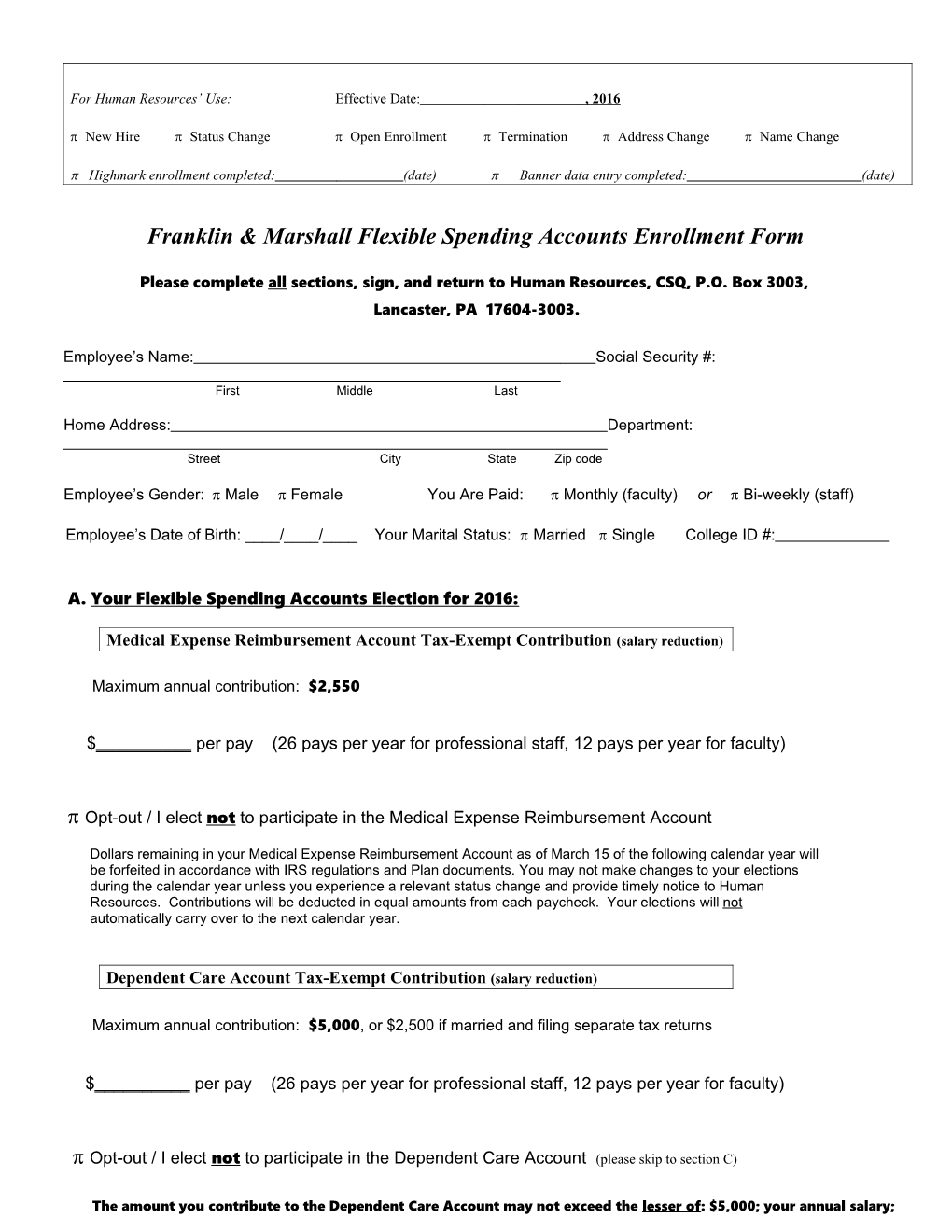 Franklin & Marshall Flexible Spending Accounts Enrollment Form
