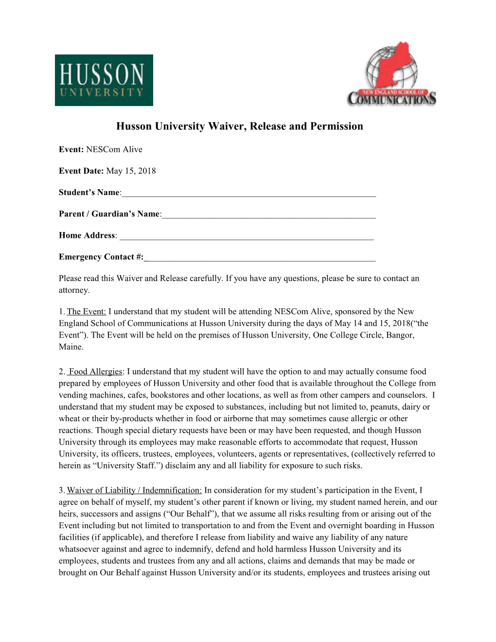 Husson University Waiver, Release and Permission