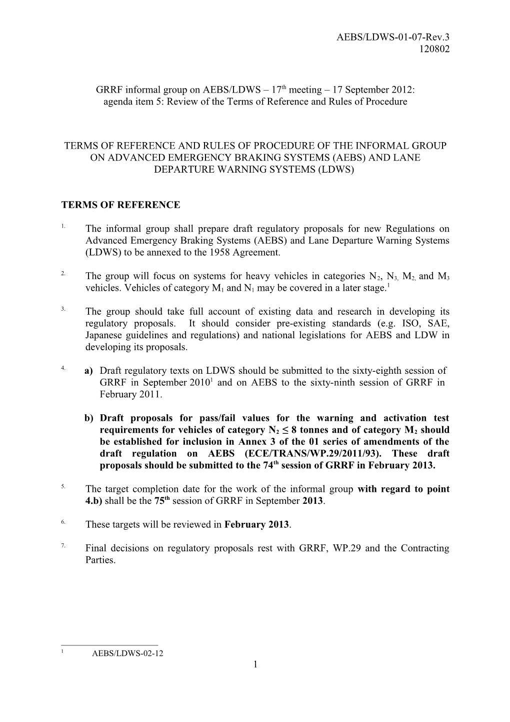 AEBS/LDWS 3Rd Meeting: Item 6 of the Agenda: Update of the Terms of Reference and Rules
