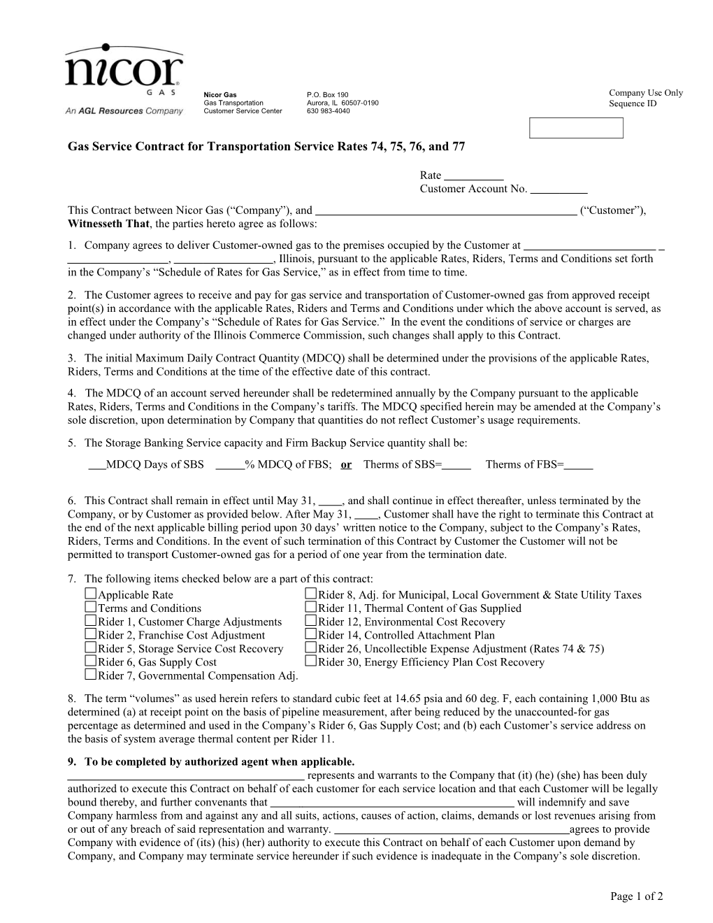 Gas Service Contract for Transportation Service Rates 74, 75, 76, and 77