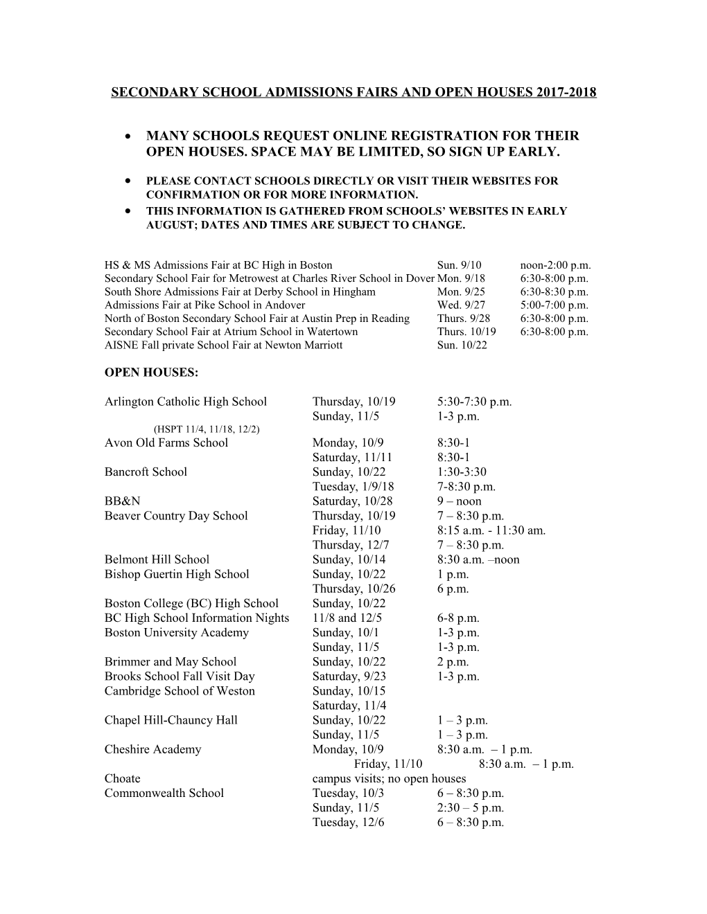 SECONDARY SCHOOL ADMISSIONS FAIRS and OPEN HOUSES: Please Note the Dates for Secondary