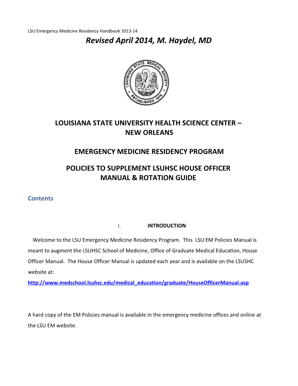 LSU Emergency Medicine Residency Handbook 2013-14
