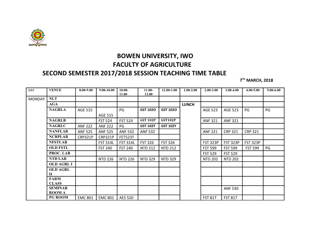 Second Semester 2017/2018 Sessionteaching Time Table