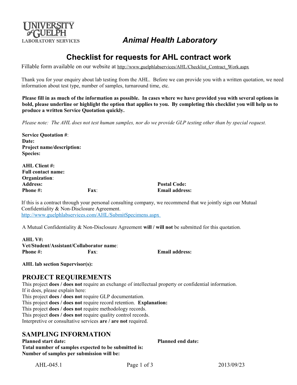 Checklist for Requests for AHL Contract Work