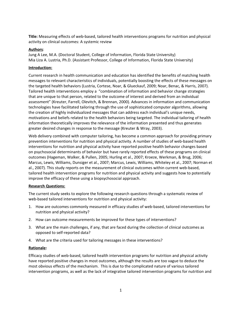 Title: Measuring Effects of Web-Based, Tailored Health Interventions Programs for Nutrition