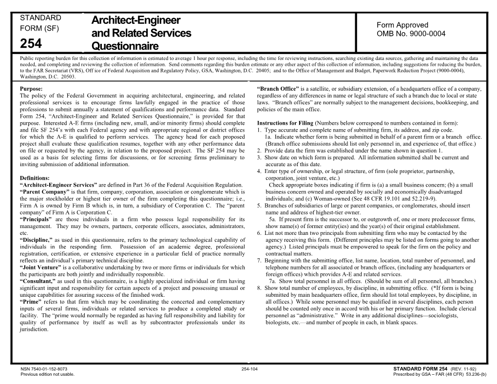 Nsn 7540-01-152-8073 254-104 Standard Form 254 (Rev. 11-92)