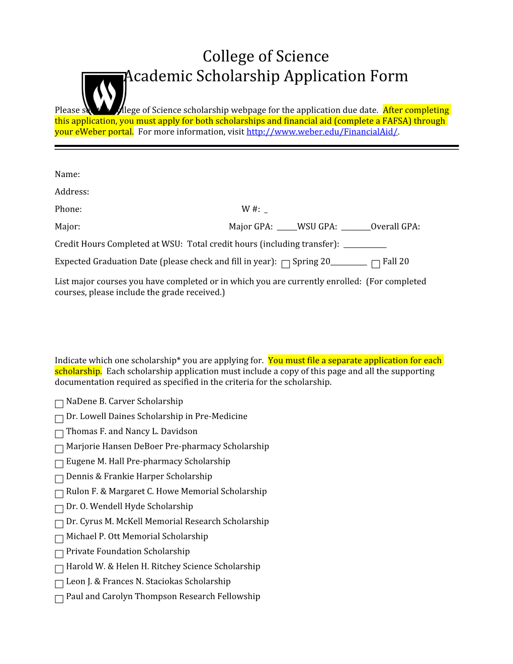 Academic Scholarship Application Form