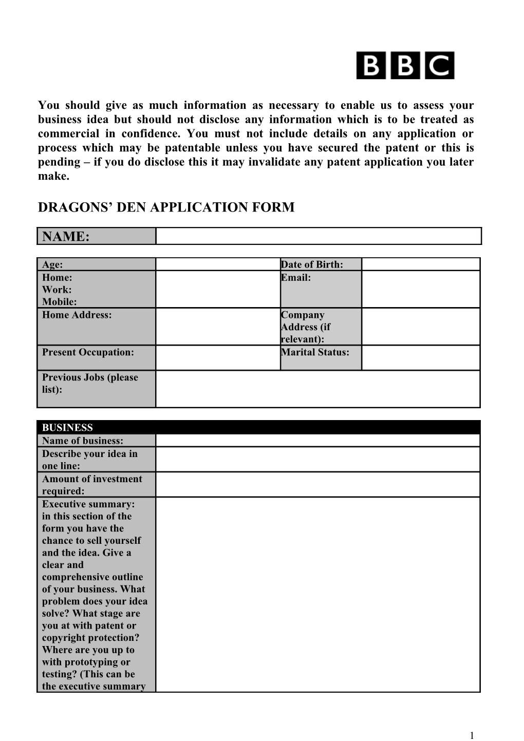 Dragons Den Application Form