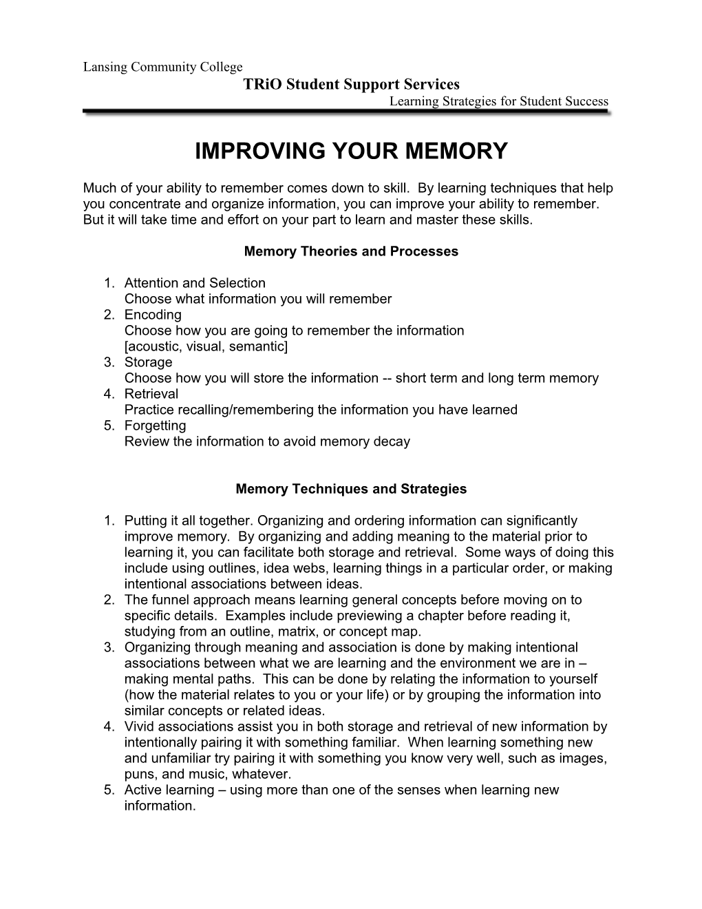 Study Skills - Improve Memory - Trio Student Support Services