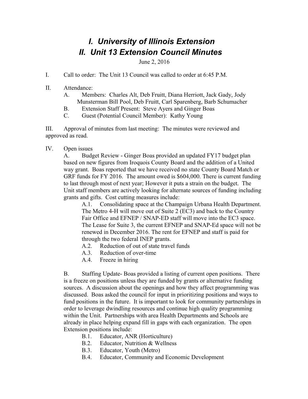 Unit 13 Extension Council Minutes