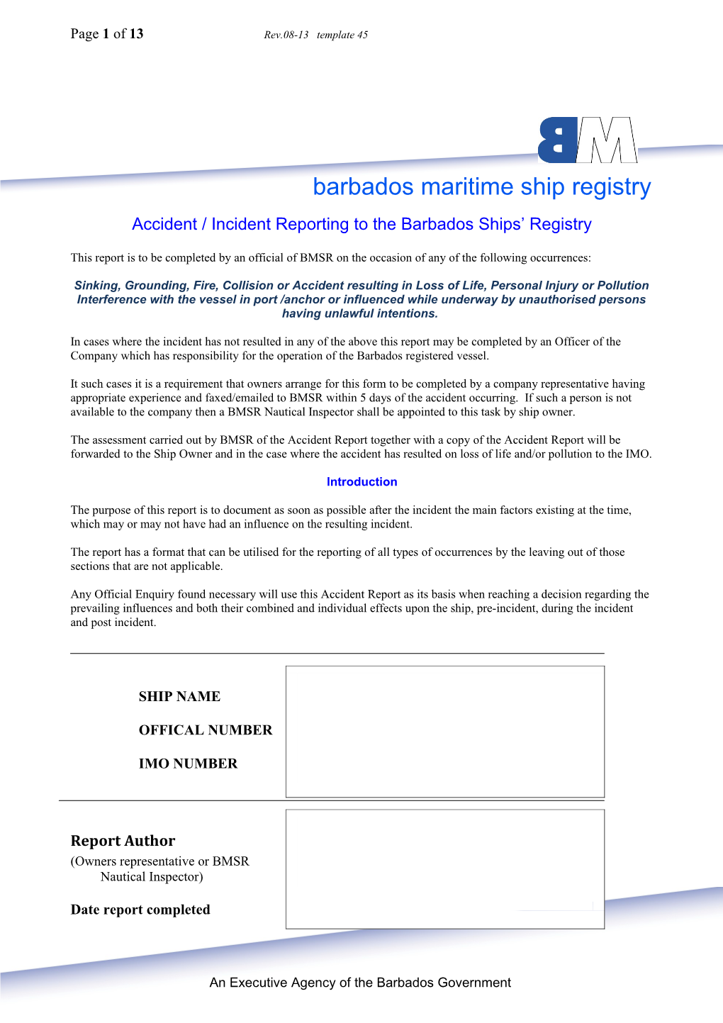 Accident / Incident Reporting to the Barbados Ships Registry