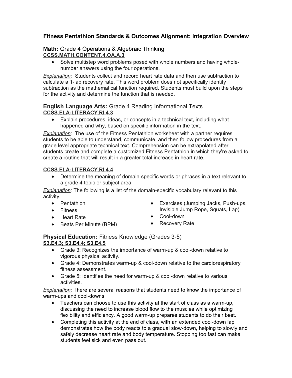 Fitness Pentathlon Standards & Outcomes Alignment: Integration Overview