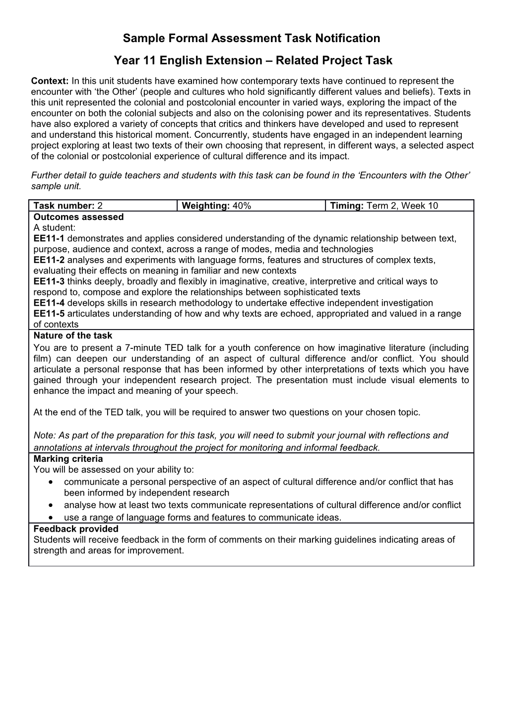 Stage 6 English Extension Year 11 Sample Assessment Task - Related Project