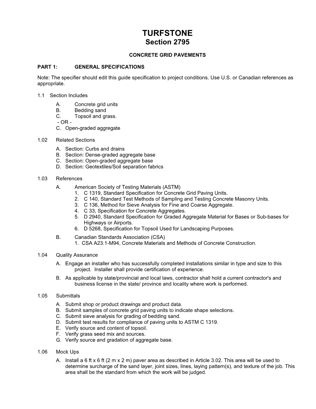 Section 02795 - Porous Pavements Guide Specification for Concrete Grid Pavements