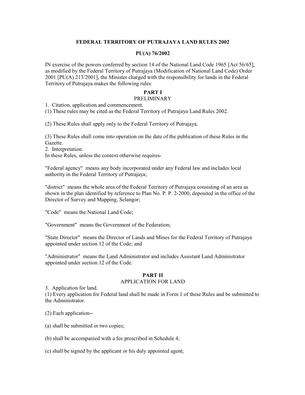 Federal Territory of Putrajaya Land Rules 2002