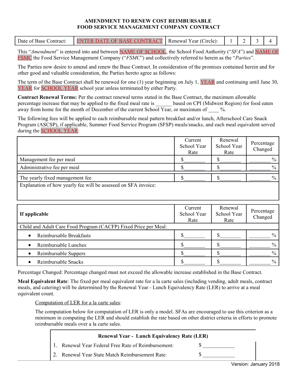 Amendment to Renew Cost-Plus Fee Food Service Management Contract