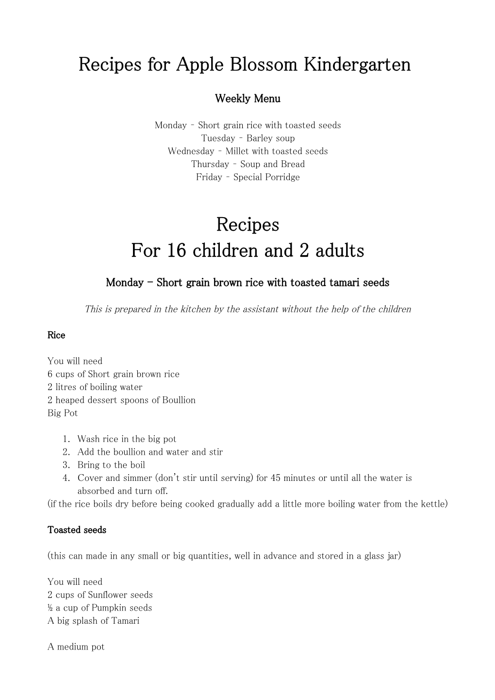 Recipes for Apple Blossom Kindergarten