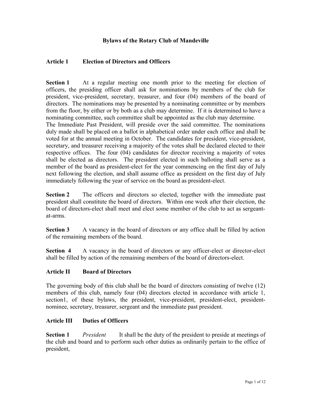 Bylaws of the Rotary Club of Mandeville