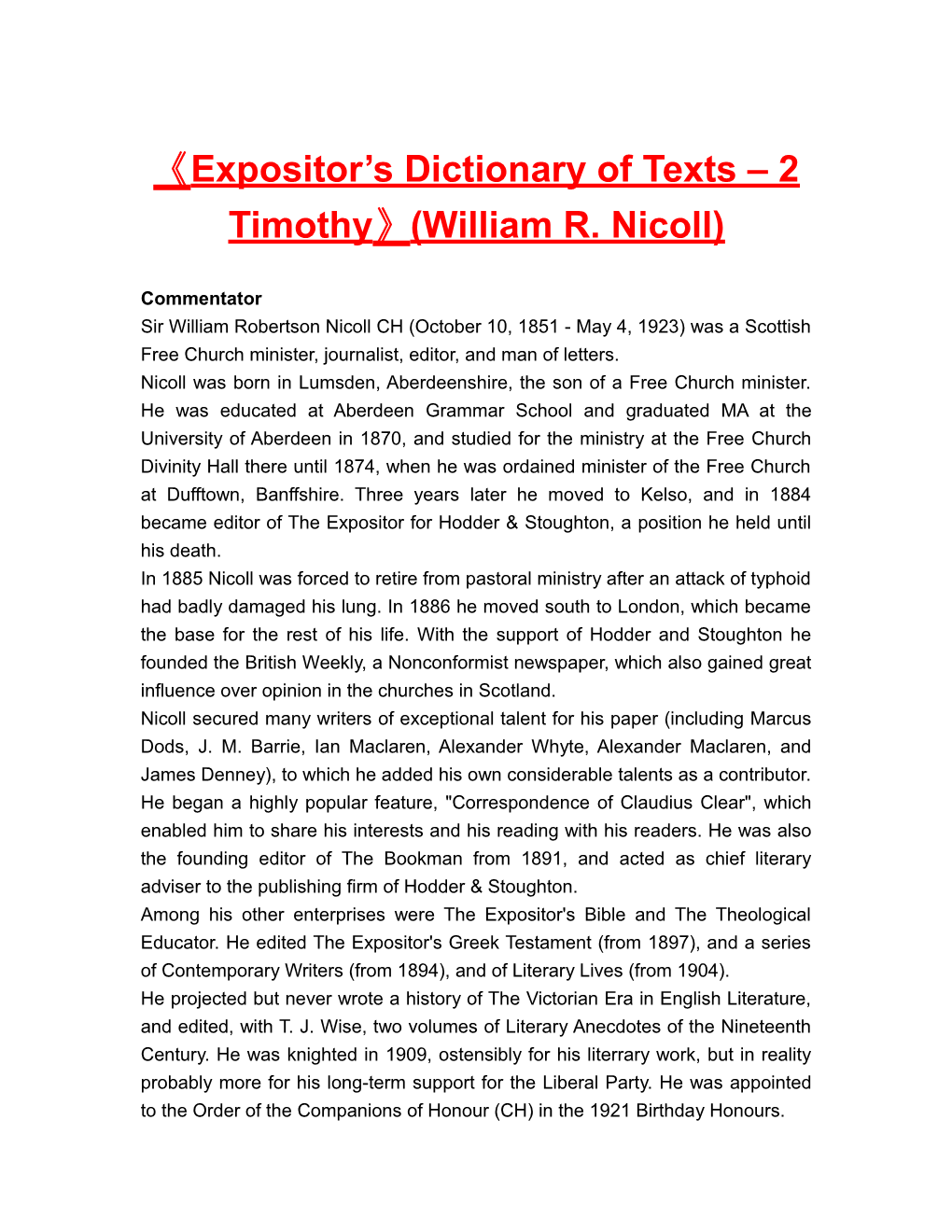Expositor S Dictionaryof Texts 2 Timothy (William R. Nicoll)