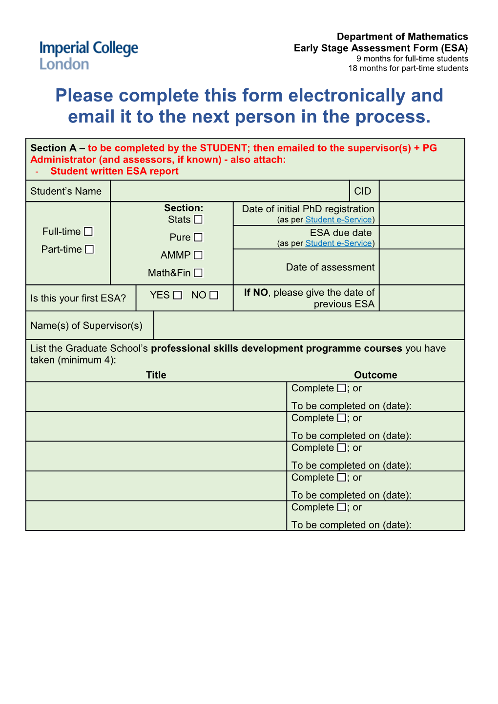 Early Stage Assessment Form (ESA)