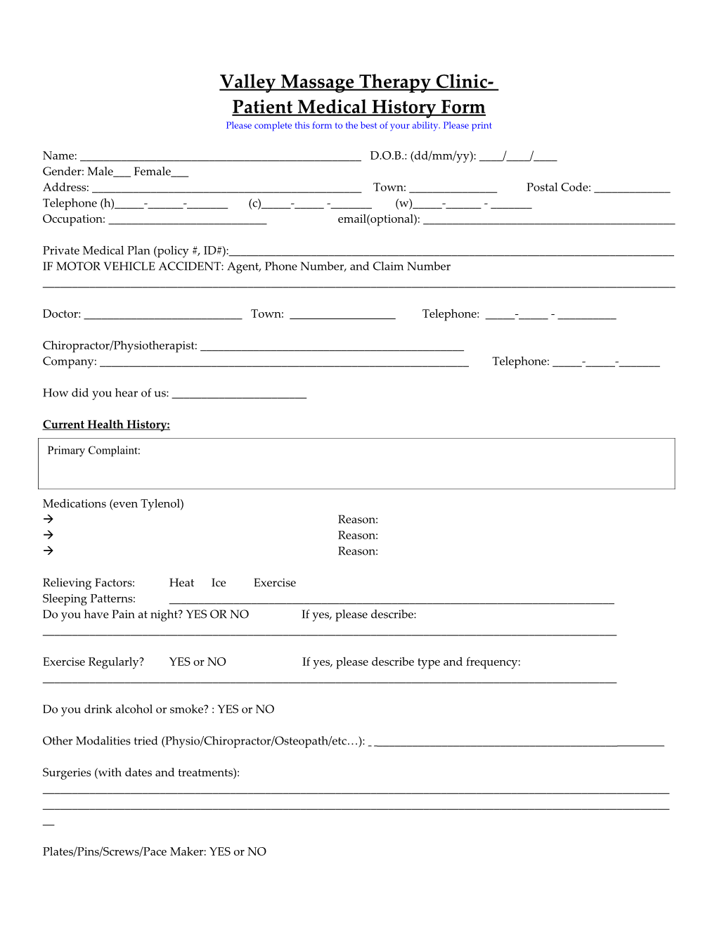 Patient Medical History Form