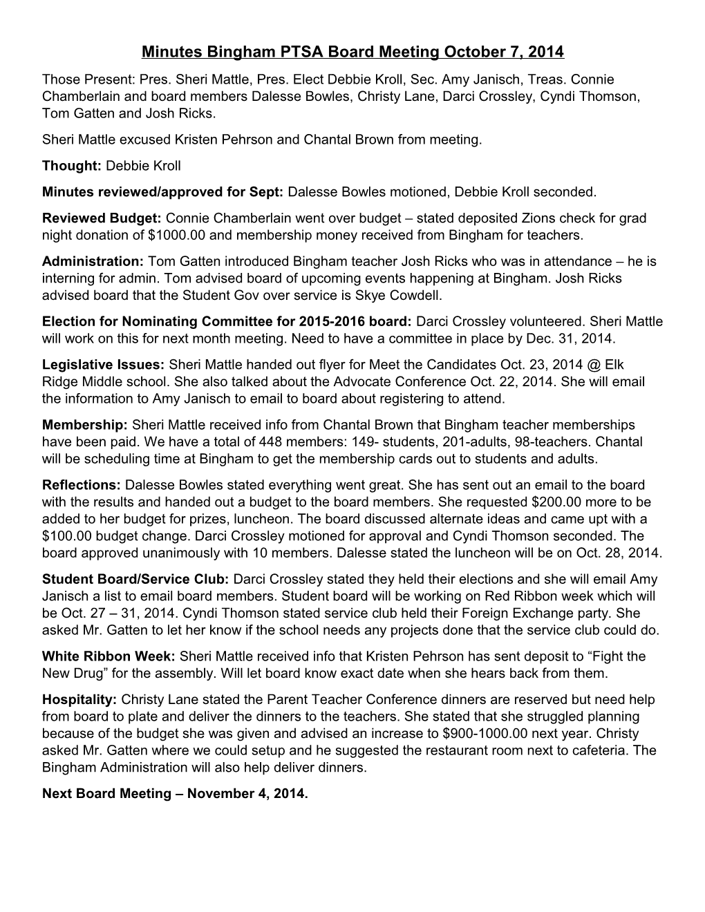 Minutes Bingham PTSA Board Meeting October 7, 2014