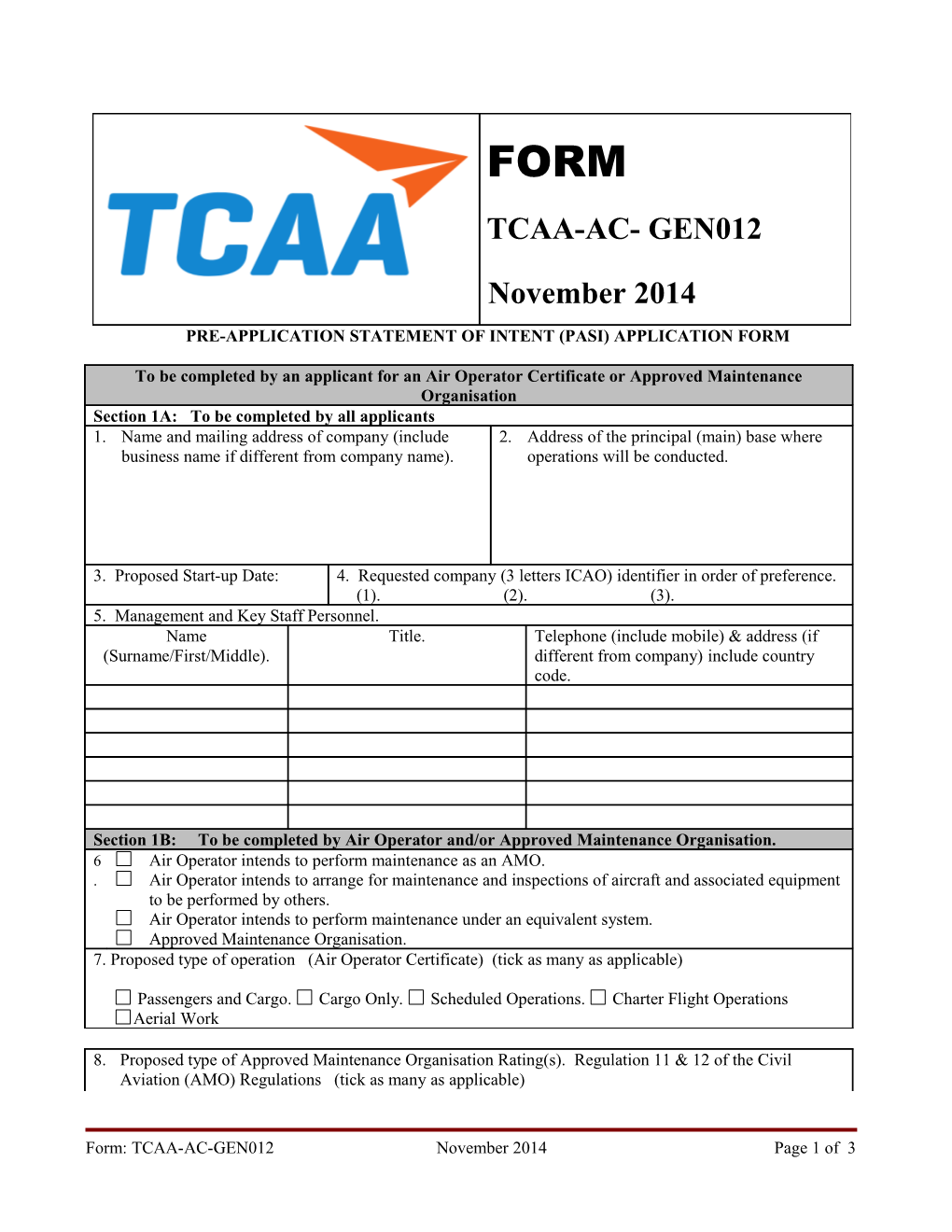 Pre-Application Statement of Intent (Pasi) Application Form