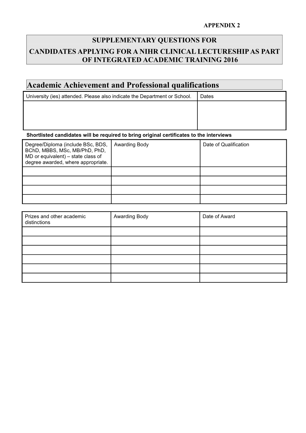 Standardised Application Form For