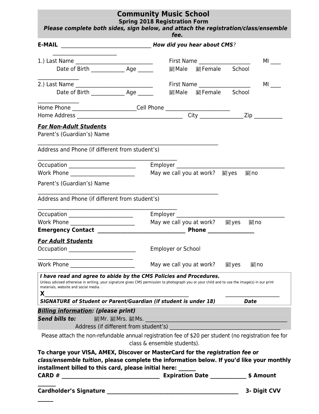 Community Music School Registration Form
