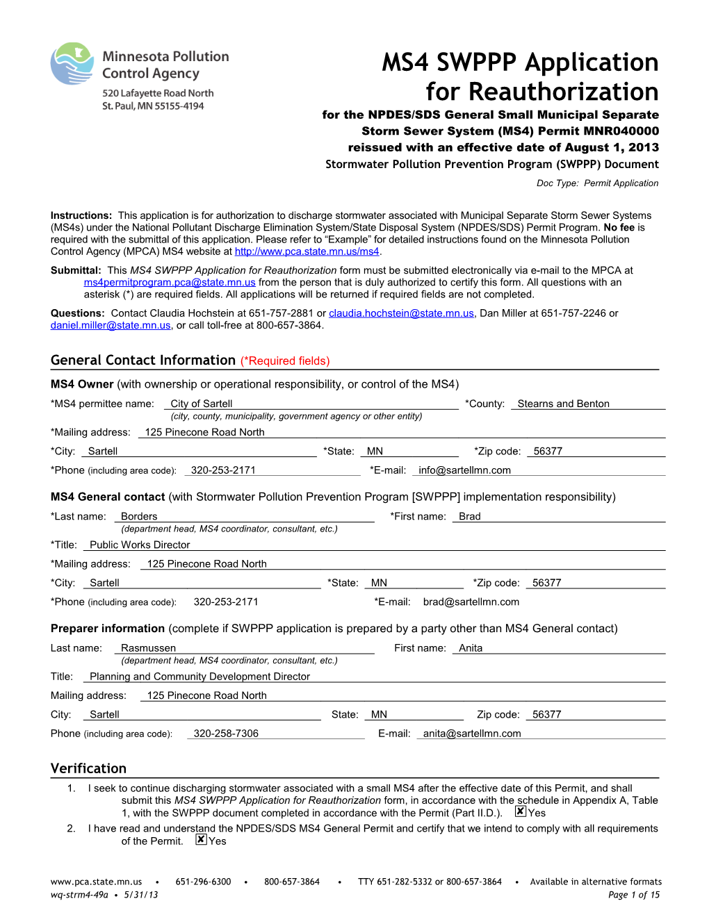 MS4 SWPPP Application for Reauthorization - Form