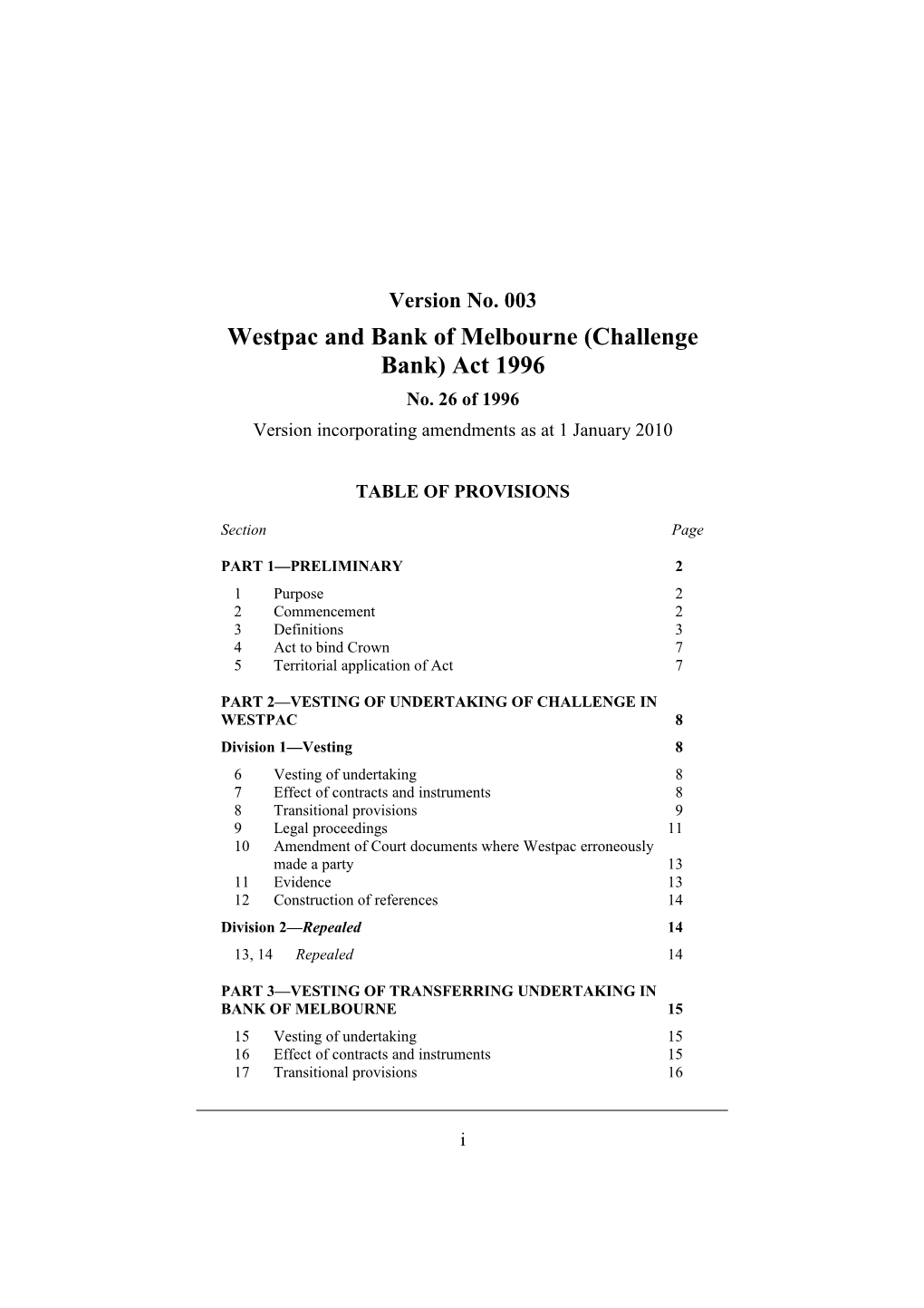 Westpac and Bank of Melbourne (Challenge Bank) Act 1996