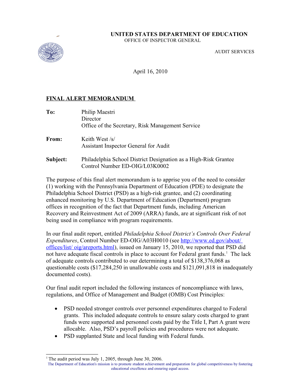 L03K0002 - Philadelphia School District's Controls Over Federal Expenditures (MS Word)