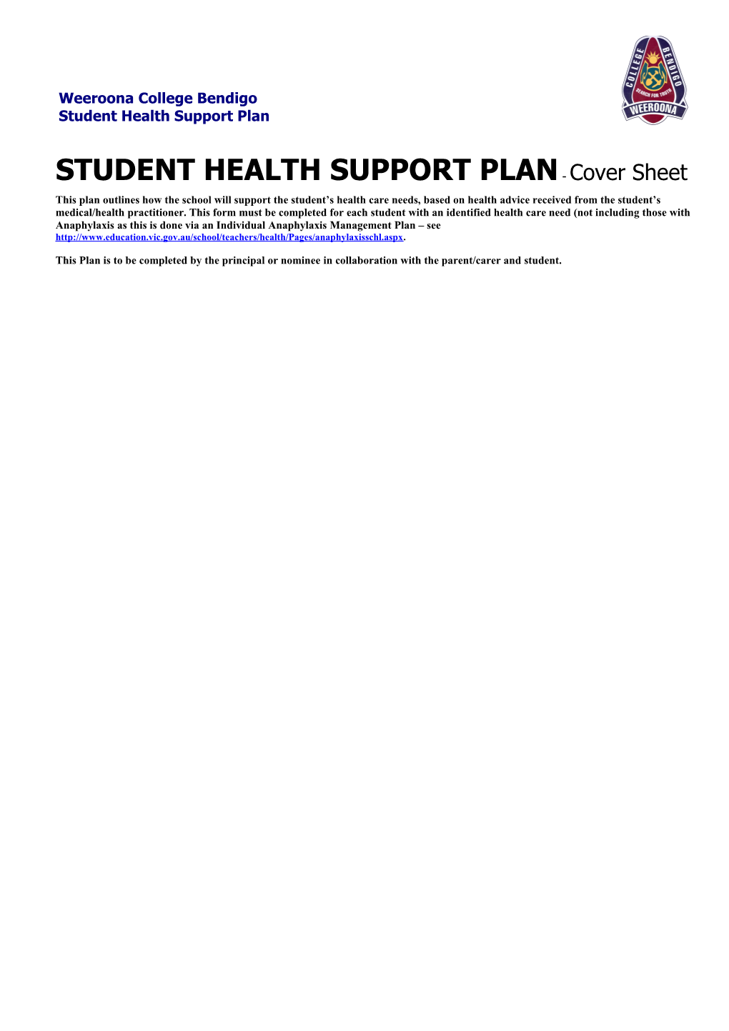 Student Health Support Plan