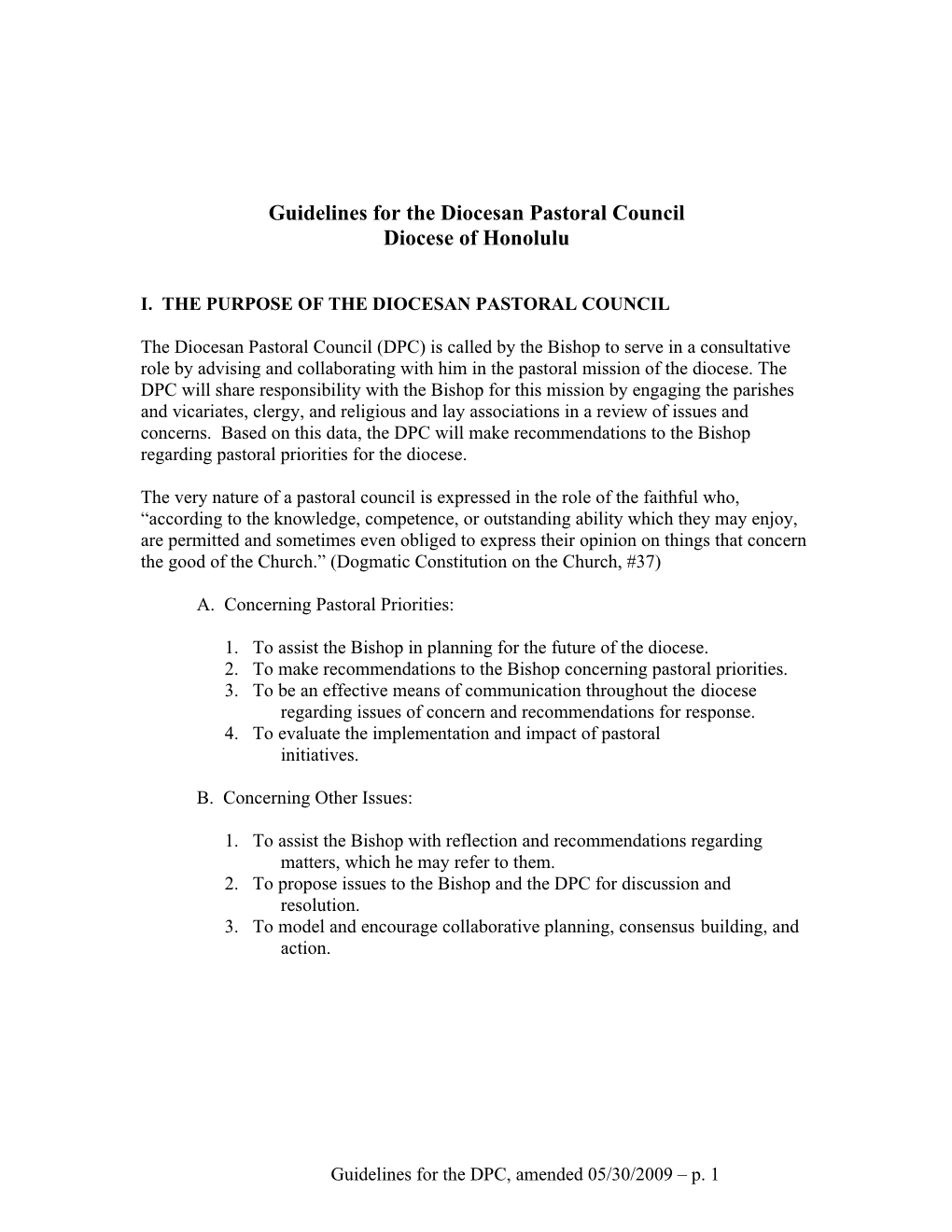 Guidelines for the Diocesan Pastoral Council