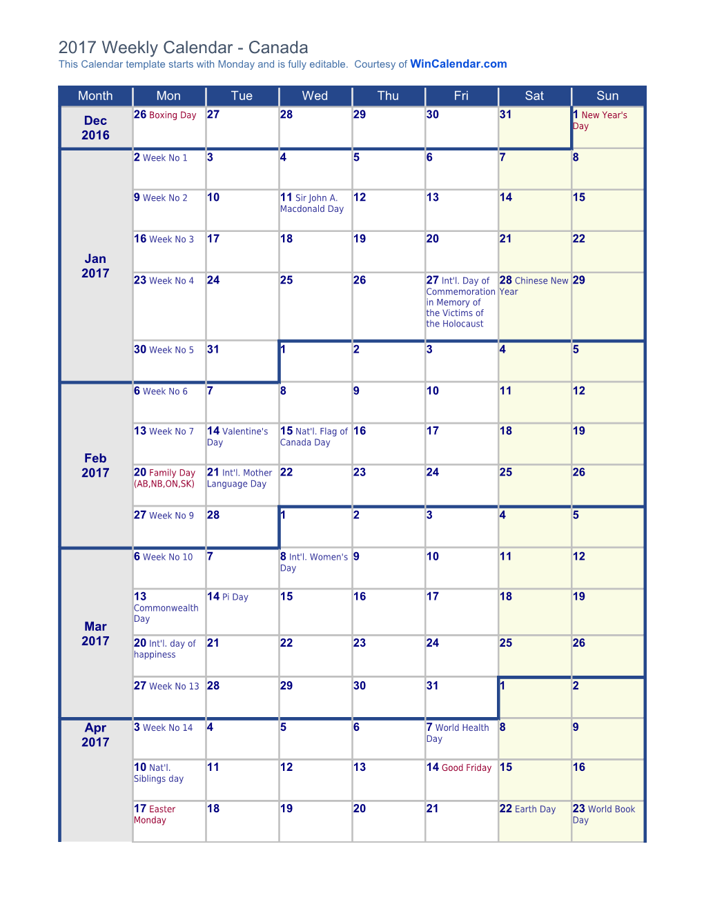 Weekly Calendar 2017 with Festive and National Holidays Canada