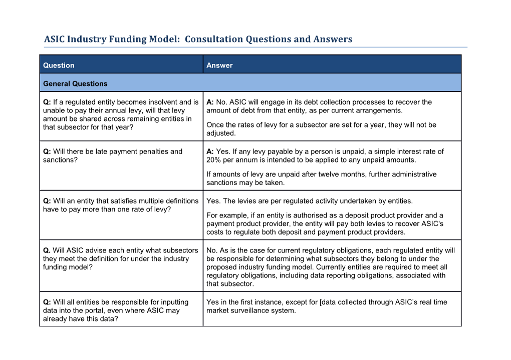 ASIC Industry Funding Model: Consultation Questions and Answers
