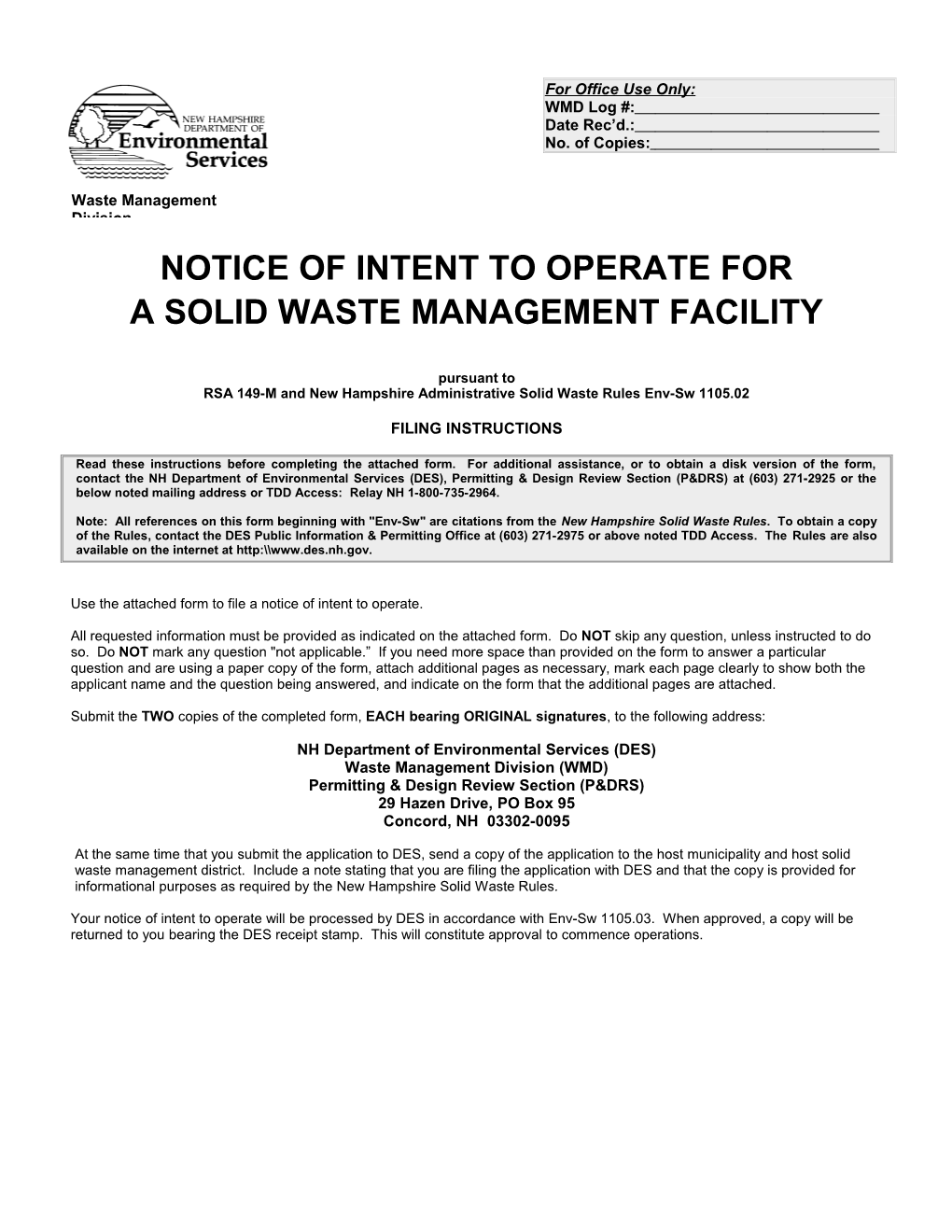 Notice of Intent to Operate For