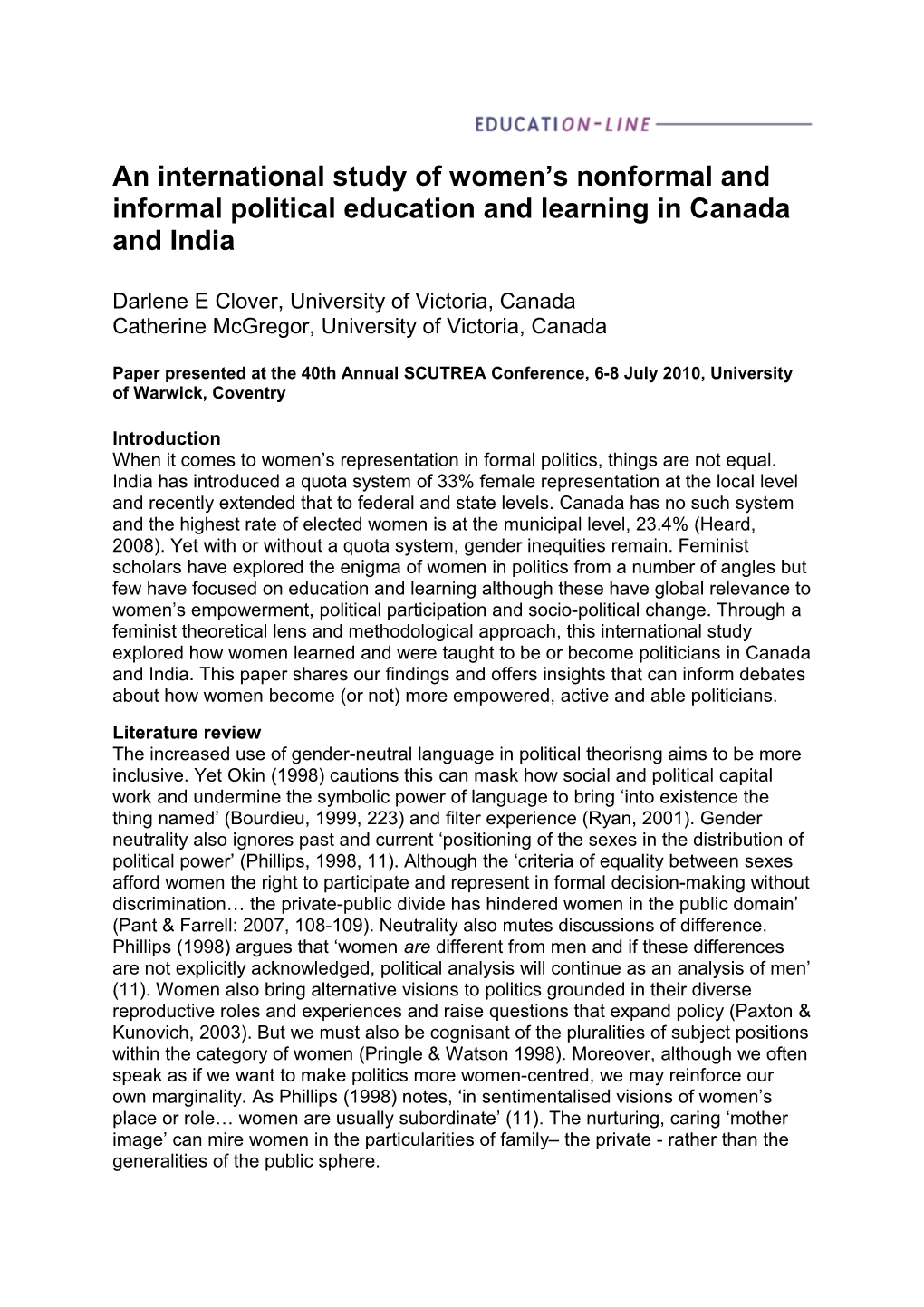 An International Study of Women S Nonformal and Informal Political Education and Learning