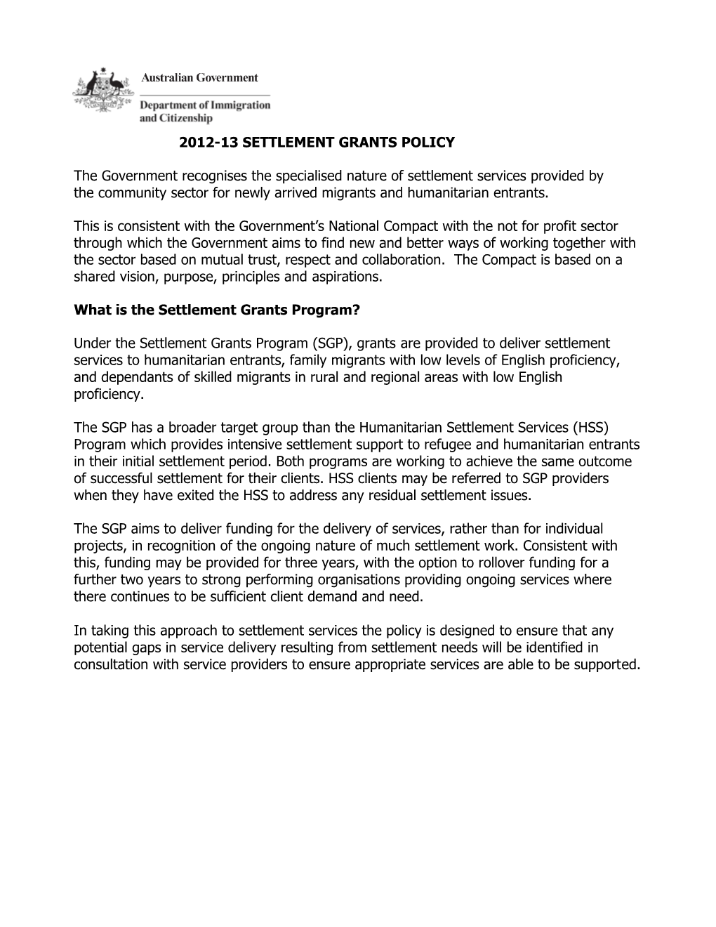 Settlement Grants Program 2012-13 - Policy