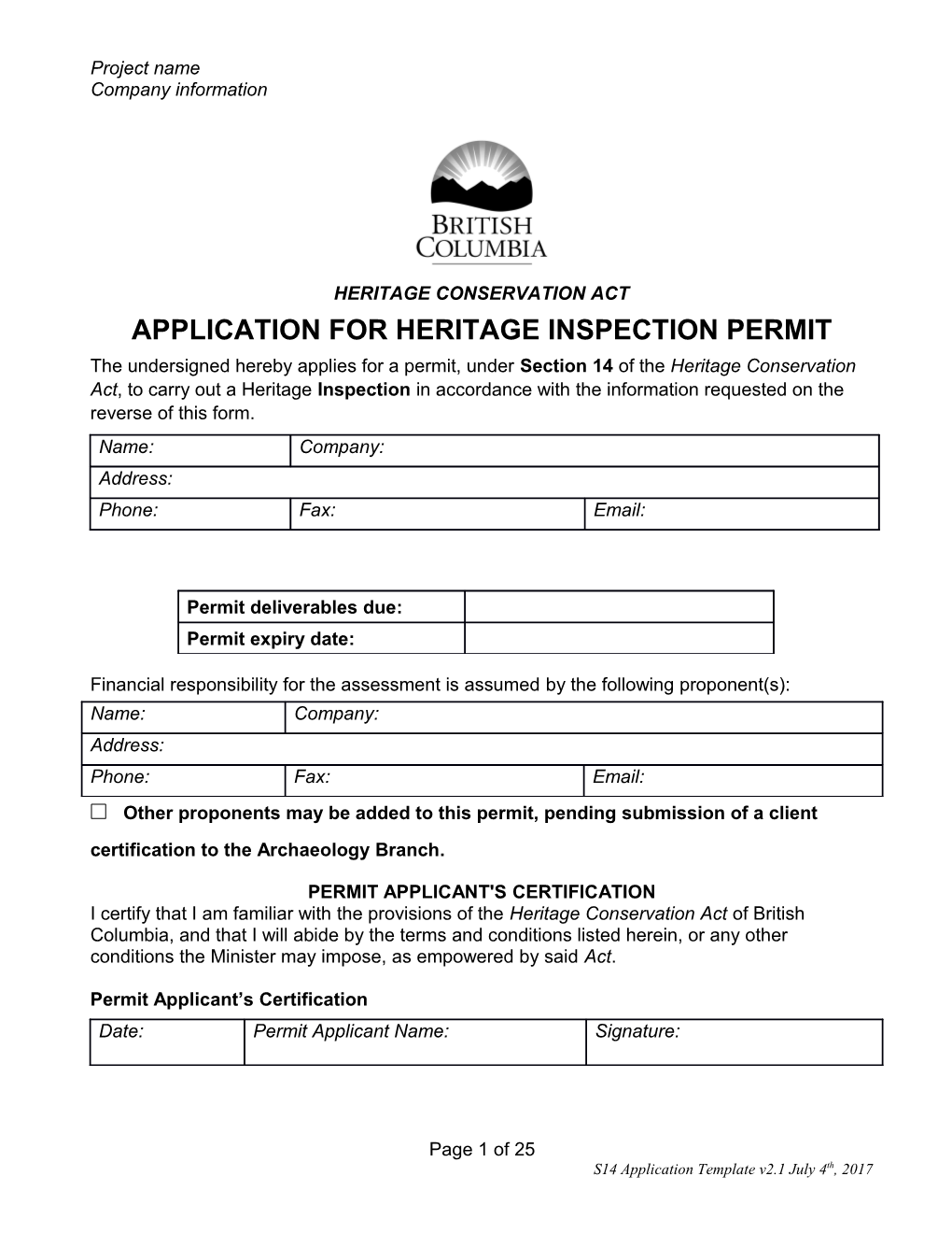 Application for Heritage Inspection Permit