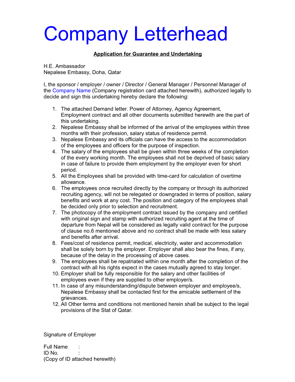 Application for Guarantee and Undertaking