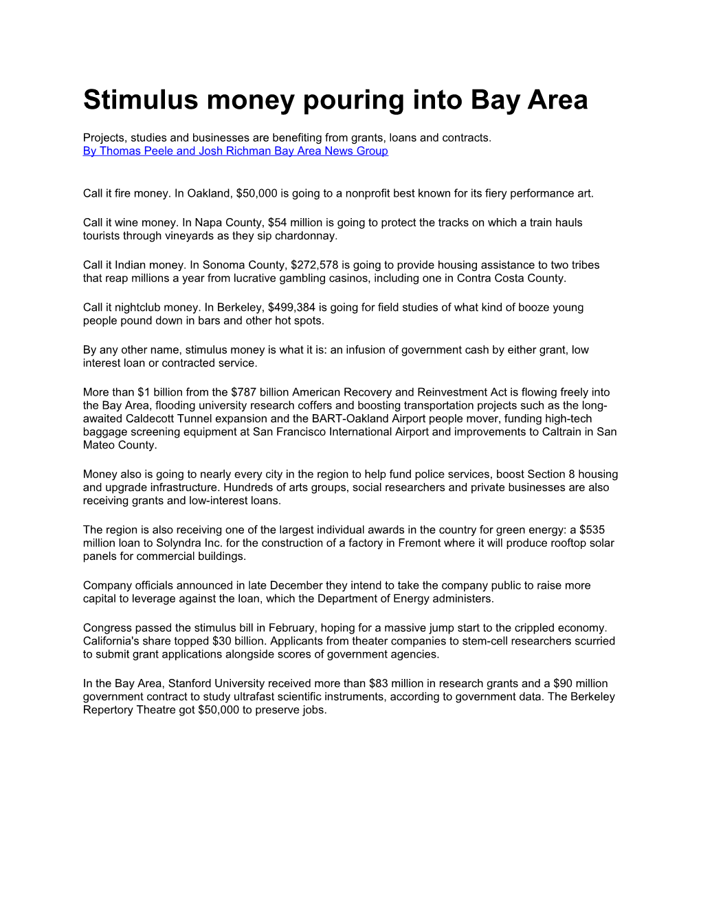 Stimulus Money Pouring Into Bay Area