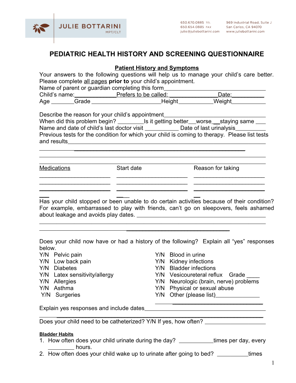 Pediatric Health History and Screening Questionnaire