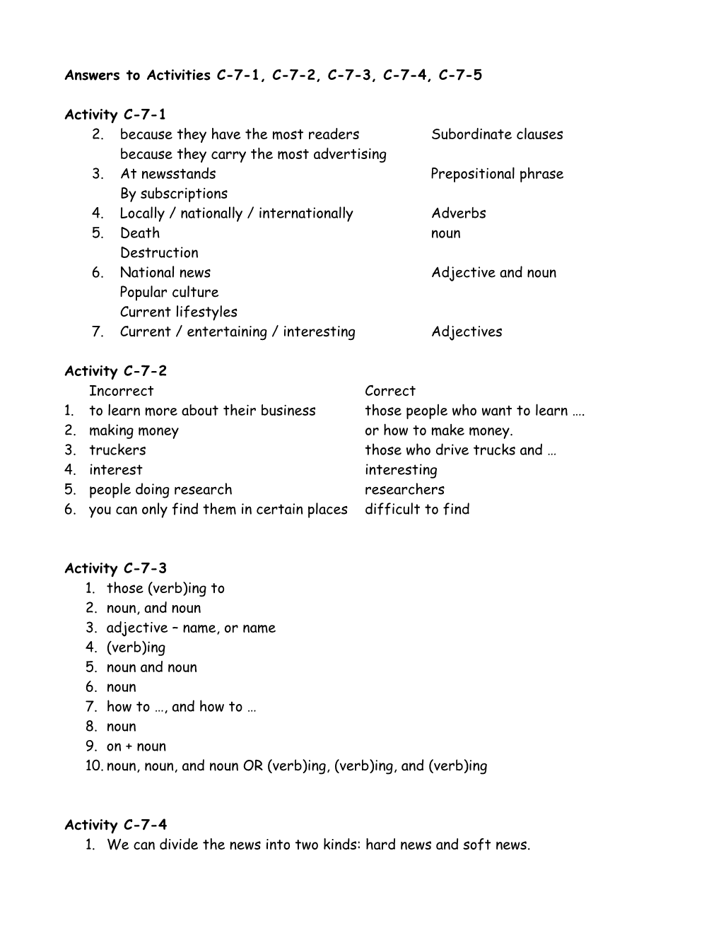 Answers to Activities C-7-1, C-7-2, C-7-3, C-7-4, C-7-5