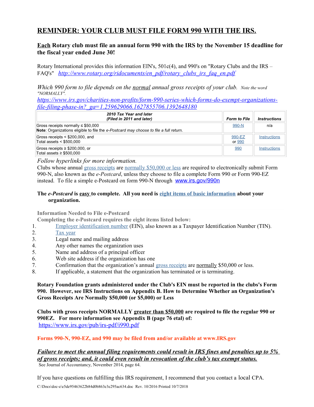 Rotary Club Tax Filing Reminder