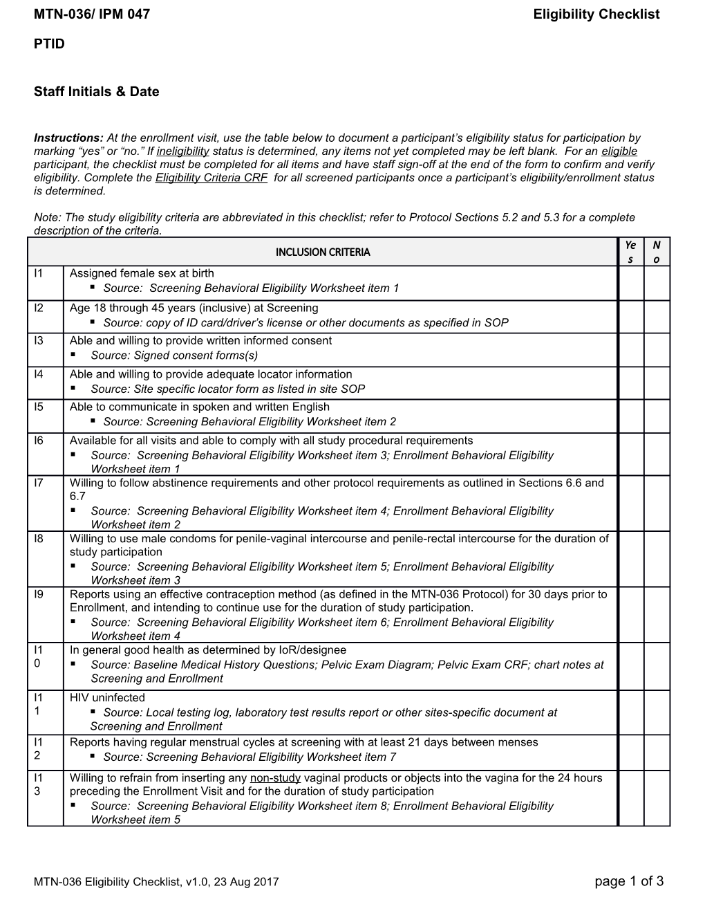 MTN-036/ IPM 047 Eligibility Checklist